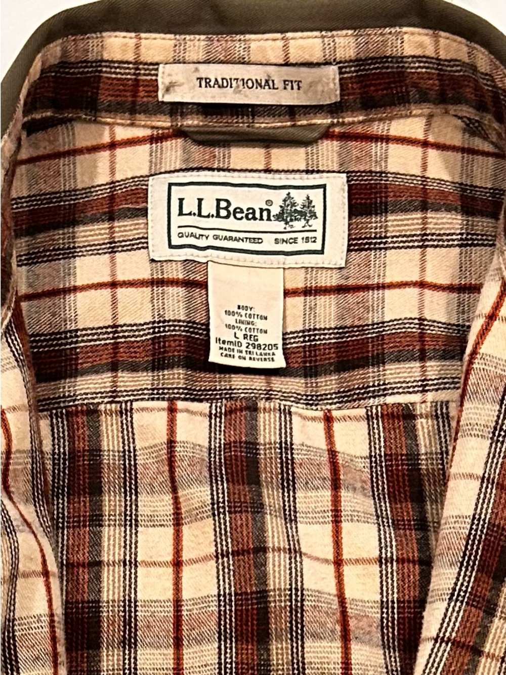 L.L. Bean Men's Flannel Lined Cotton Twil Plaid Button-Down Shirt Lg